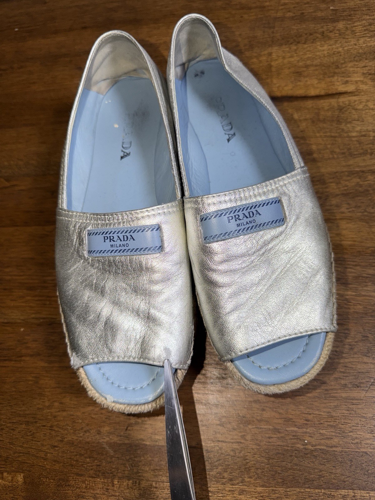 Prada Metallic Leather Peep Toe Espadrilles Platform   Casual Chic Resort 8.5 thumbnail 10