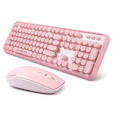 Pink Wireless Keyboard Mouse Combo,104 Round Keys Cute Colorful Keyboard Retr...