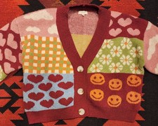 Debut Colorful Patchwork Cottage, Twee Cropped Cardigan 3 Button Debut Small