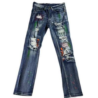 Rue21 Premium Jeans Womens 26X30 Blue Skinny Distressed Paint Splatter Y2K Up