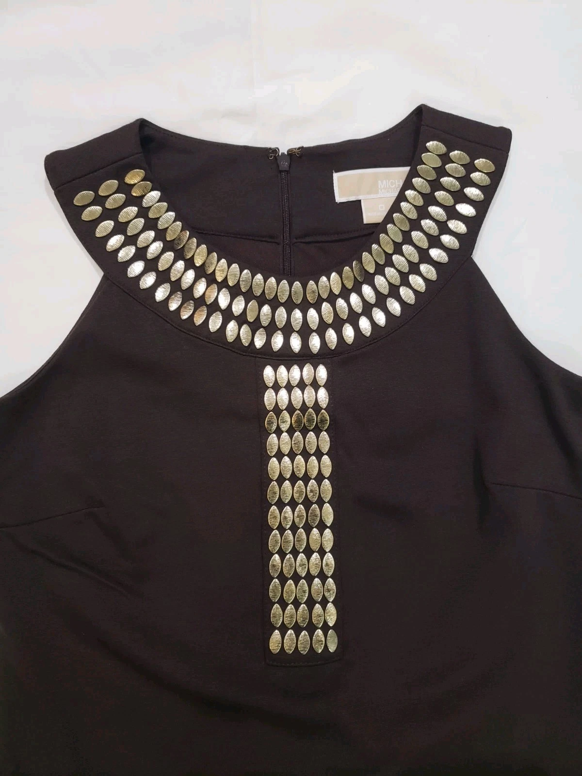 Abito smanicato Michael Kors cioccolato elasticizzato ponte perline oro (0) nuovo con etichette $169 50