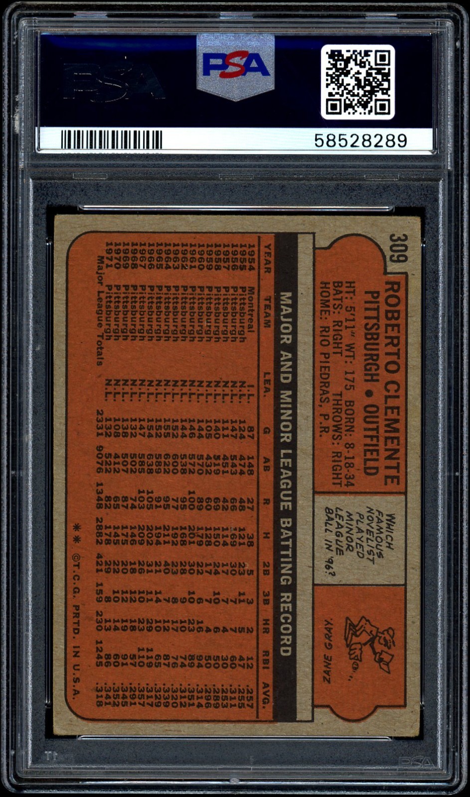 1972 Topps #309 Roberto Clemente PSA 4 - DEAD CENTERED view 2