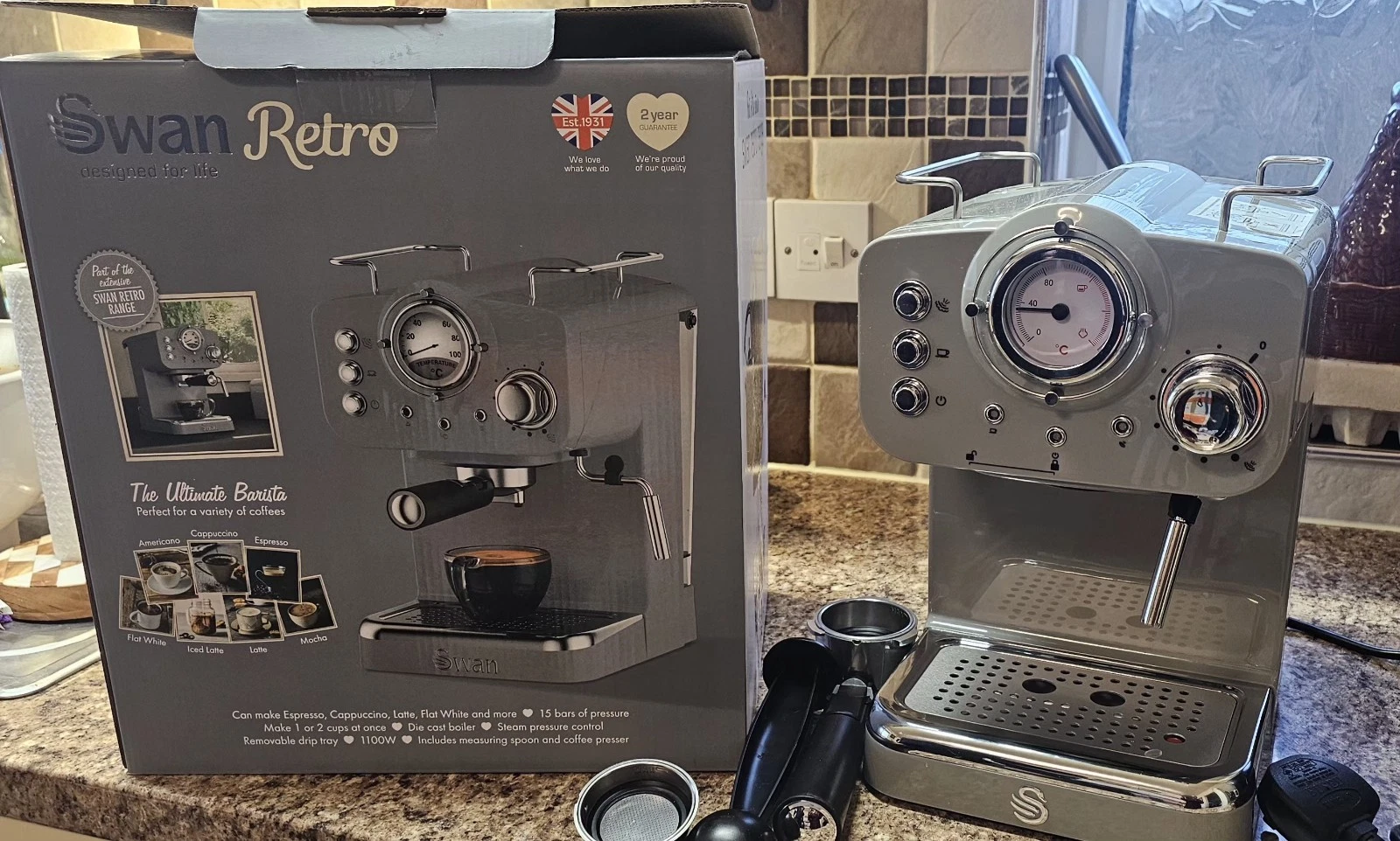 Swan SK22110GRN Retro Espresso Coffee Machine 15 bar Grey(Without Water Tank)