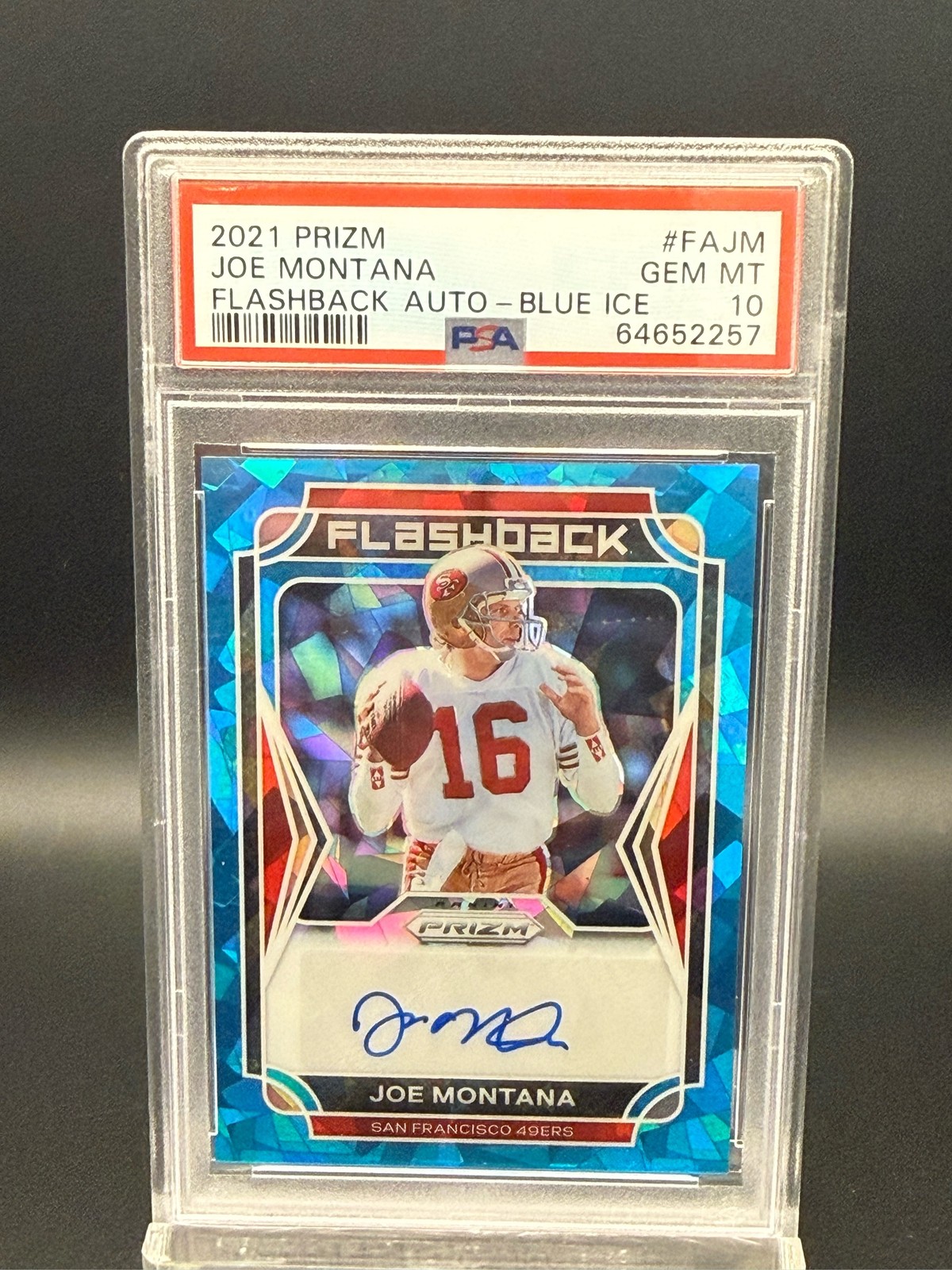 2021 Panini Prizm Joe Montana Flashback Auto Blue Ice PSA 10 49ers /75 Pop 9 view 1