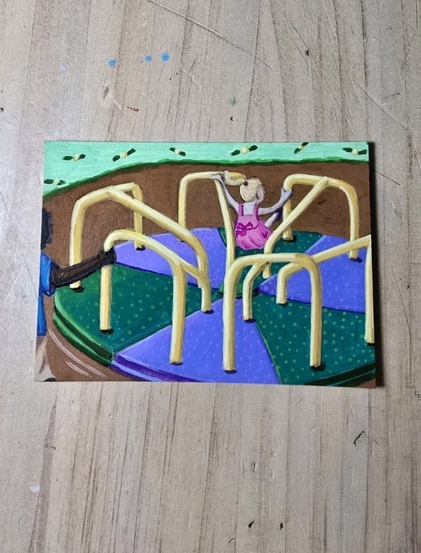 Aceo Original Art Card Merry Go Round Color Nostalgic Playground Sarah Hinzpeter