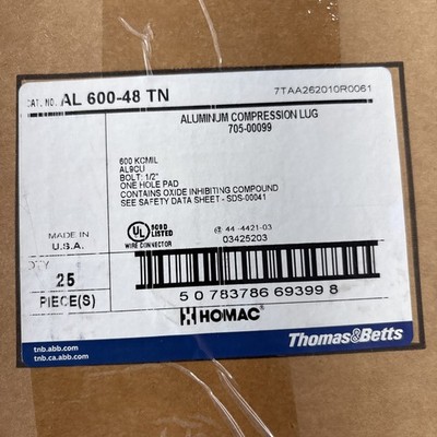Homac AL 600-48 TN Aluminum Compression Lug 1/2'' Hole 600 kcmil one hole