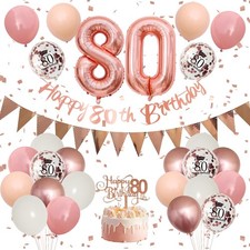 80th Birthday Decorations - Retro Pink Rose Gold, Happy 80th Birthday Banner ...