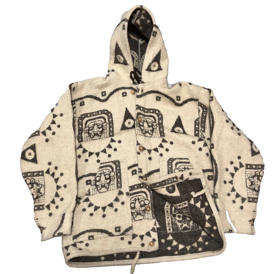 Hand Made In Ecuador Wool Aztec Coat Size L Hoodie And Two Pockets Southwestern - Image 4 of 4