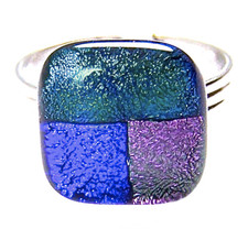 Dichroic Glass Ring Adjustable Blue Purple Green Patchwork Patterned 1/2" 12mm
