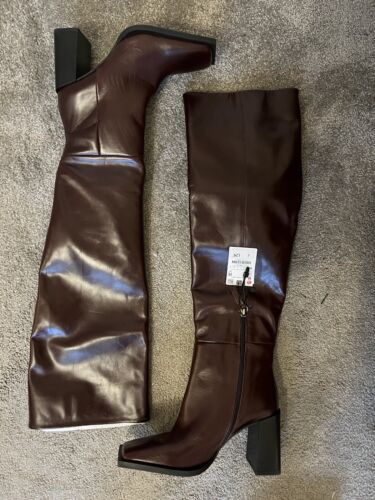 Zara Over The Knee Heeled Square Toe Real Leather Boots Brown Uk 6 EU 39 BNWT - Picture 1 of 3