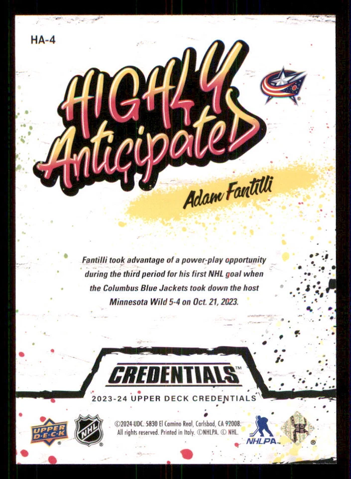 2023-24 Upper Deck Credentials Highly Anticipated #HA4 Adam Fantilli - Image 2 of 2