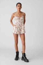 UO Betti Print Linen Romper Urban Outfitters Floral Button Ruffle Ivory S NEW