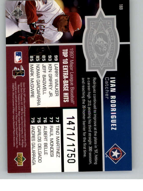 1998 SPx Finite Spectrum #169 Ivan Rodriguez SF 1750 (ref 141056) - Image 2 of 2