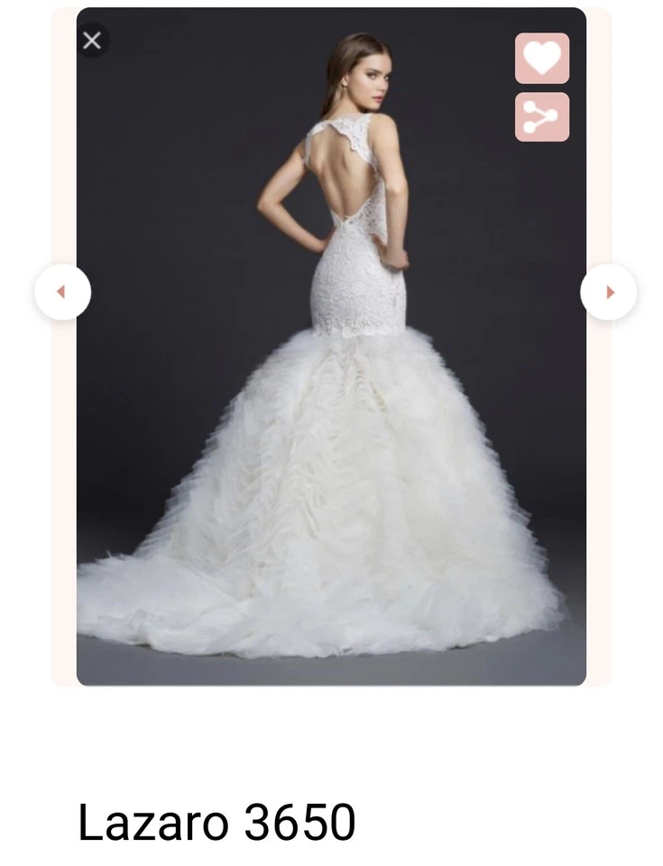 Vestido de novia moderno Lázaro blanco encaje 3650 y tul sirena $6k Foto 2 de 4