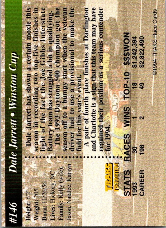 1994 Traks First Run #146 Dale Jarrett - Image 2 of 2