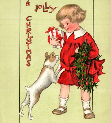 Tuck A Jolly Christmas Dog Jumps On Girl Presents Right Hand Holly Wreath Left