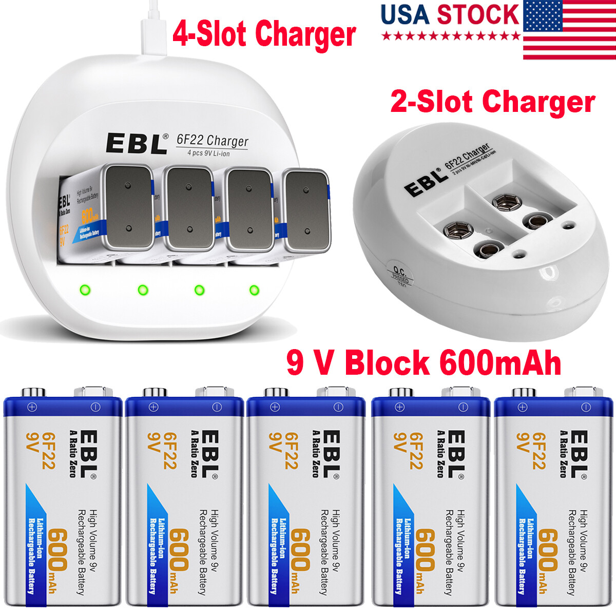 600mAh 9V Li-ion Rechargeable Batteries / 9 Volt Lithium Battery Charger Lot-image