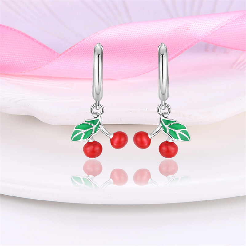 KUNSIR 925 Sterling Silver Hoop Earrings Cherry Dangle Drop Earrings for Women