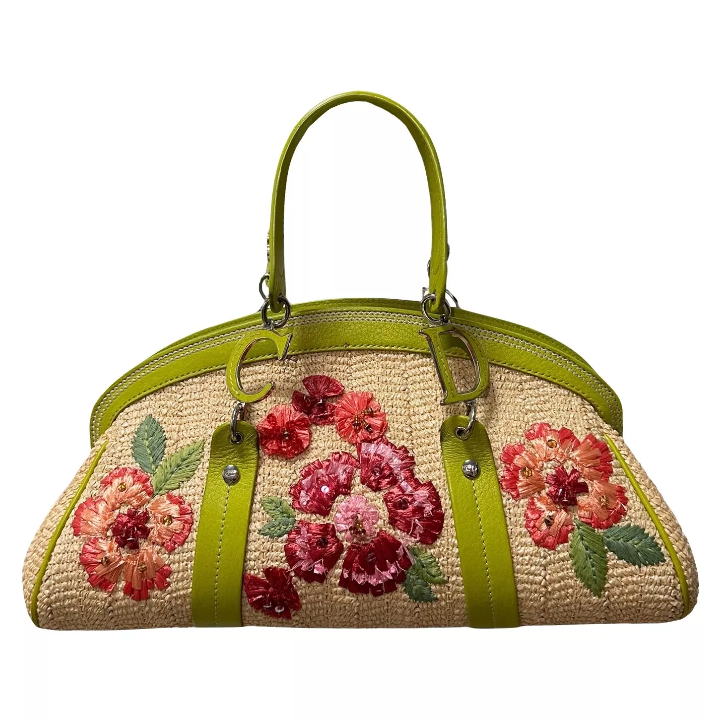 Sac à main cuir paille florale Raffia printemps été 2005 Christian Dior