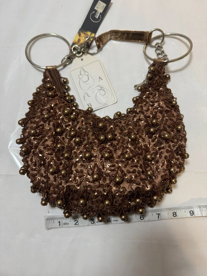 Bolso de mano Candice Los Angeles con cuentas de bronce brillante noche en forma de corazón nuevo con etiquetas Foto 2 de 4