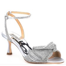 Badgley Mischka Size 9 Silver Chrome Rhinestone Crystal Bow Heel Remi Sandals