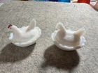 Vintage Small  White Milk Glass Chicken Hen on Nest Covered Dish Set Of 2