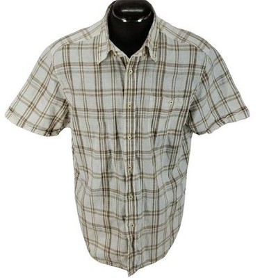 Madison Mens Brown & White Plaid Short Sleeve Button-Up Shirt 55% Linen 45% Cott