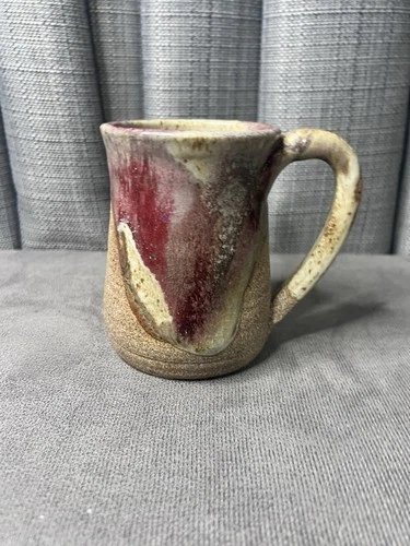 VTG Studio Pottery Coffee Mug Signed Swick Hand Thrown Red Drip Glaze Texture