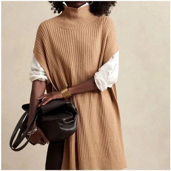 NEW Banana Republic Camel Mock Neck Sweater Poncho Camel Tan Brown M/L