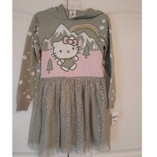 Hello Kitty Green Pink Mesh Tulle Hooded Sweater Dress L NEW Winter Christmas