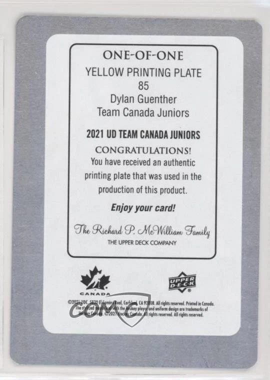 2021 Team Canada Juniors Printing Plate Yellow 1/1 Dylan Guenther #85 03z4 - Image 2 of 3