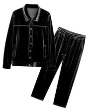 Men's Fall Soft Velour Casual 2 Piece Set Button Down Solid Color Medium Black