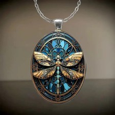Dragonfly Pendant Necklace Oval Silver Vintage Gothic Magical Jewelry Women gift