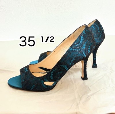 Seltene Manolo Blahnik Open Toe Stiletto Heels Türkis Spitze Größe 35,5 (US 5,5)