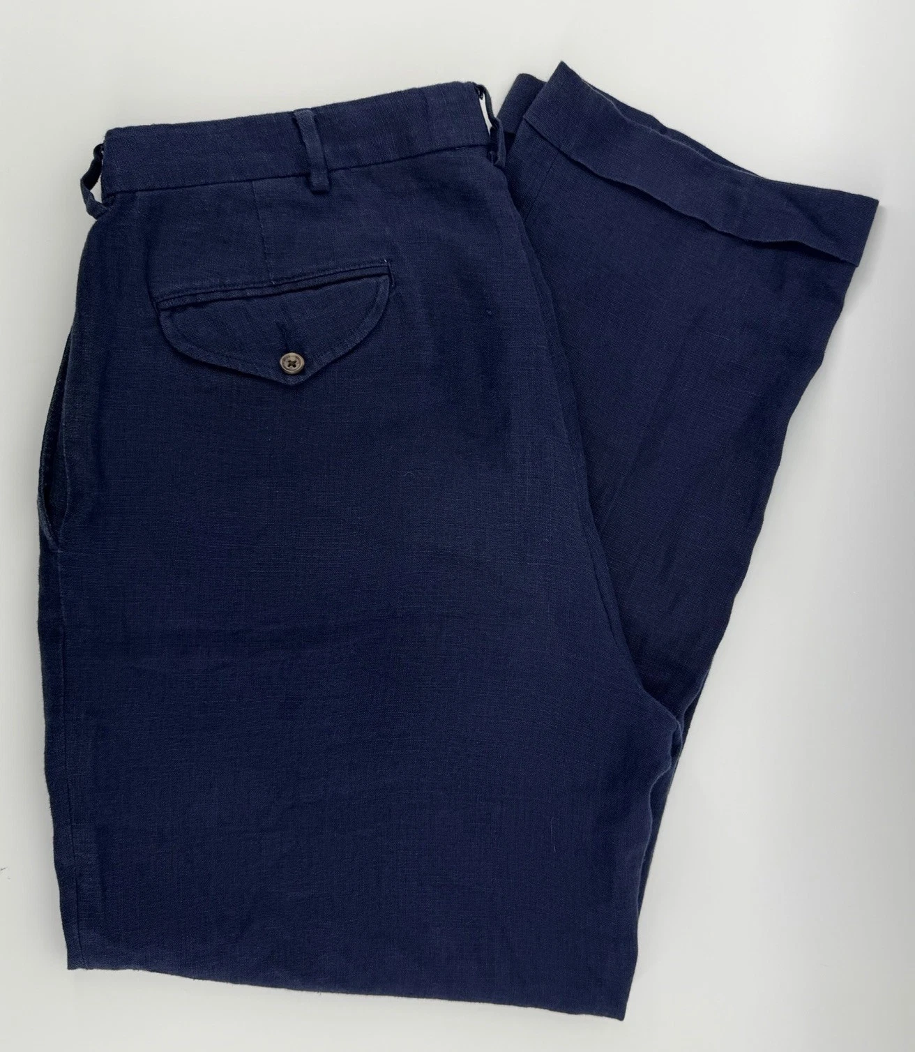 Vintage Polo Ralph Lauren Crew Pleated Trousers Pants Men 36x30 Navy Linen Cuffs