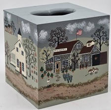 Vintage Wooden Tissue Box Cover Countrycore Handpainted Country Town 6" Blue