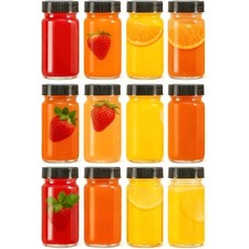 12 Pack 2 oz Glass Shot Mini Bottles with Black Lids - Reusable Leakage-Proof
