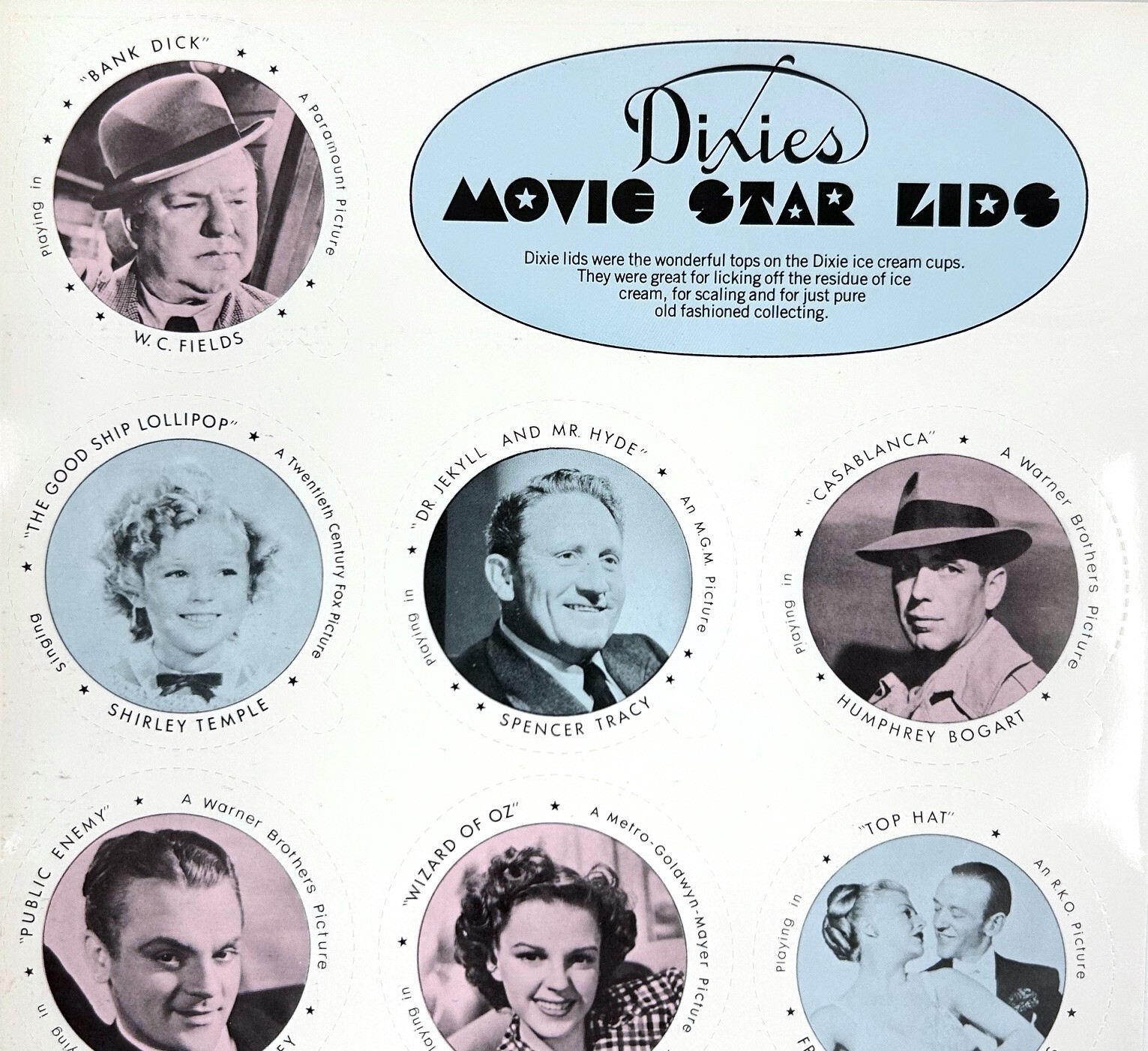 1942 Dixies Movie Star Lids Ice Cream Proof Board 1990's NOSTALGIA Reprint - NEW