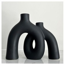 Matte Black Vase Set - Hug Hollow Donut Aesthetic Ceramic Vases Home Decor Mo...