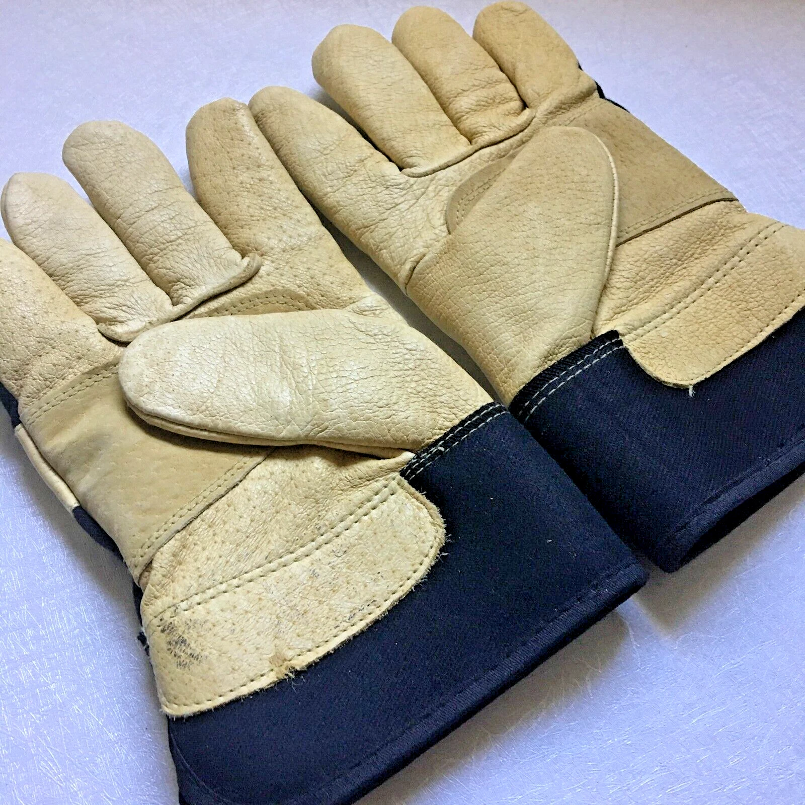 Vintage Midwest Black & Beige Pigskin Leather & Khaki Winter Work Gloves Lined