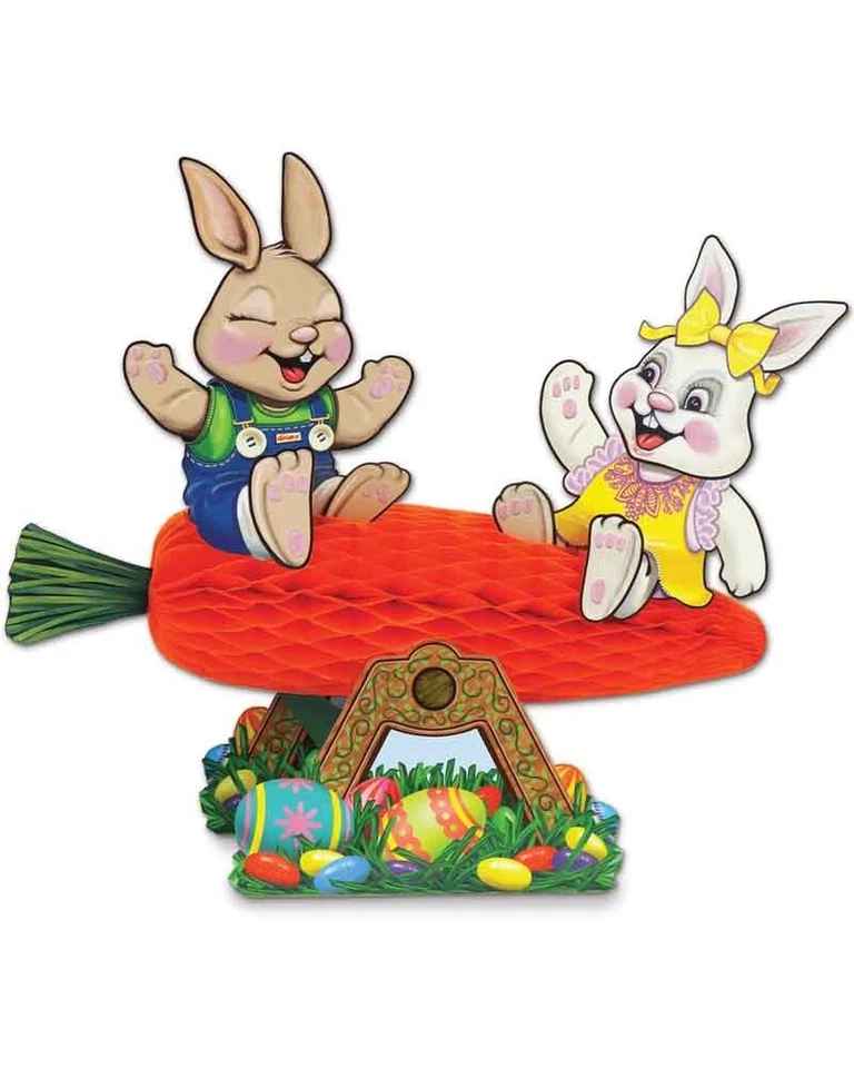 EASTER CARROT HONEYCOMB SEESAW WITH BUNNIES CENTREPIECE PARTY TABLE DECORATION - Image 2 of 3