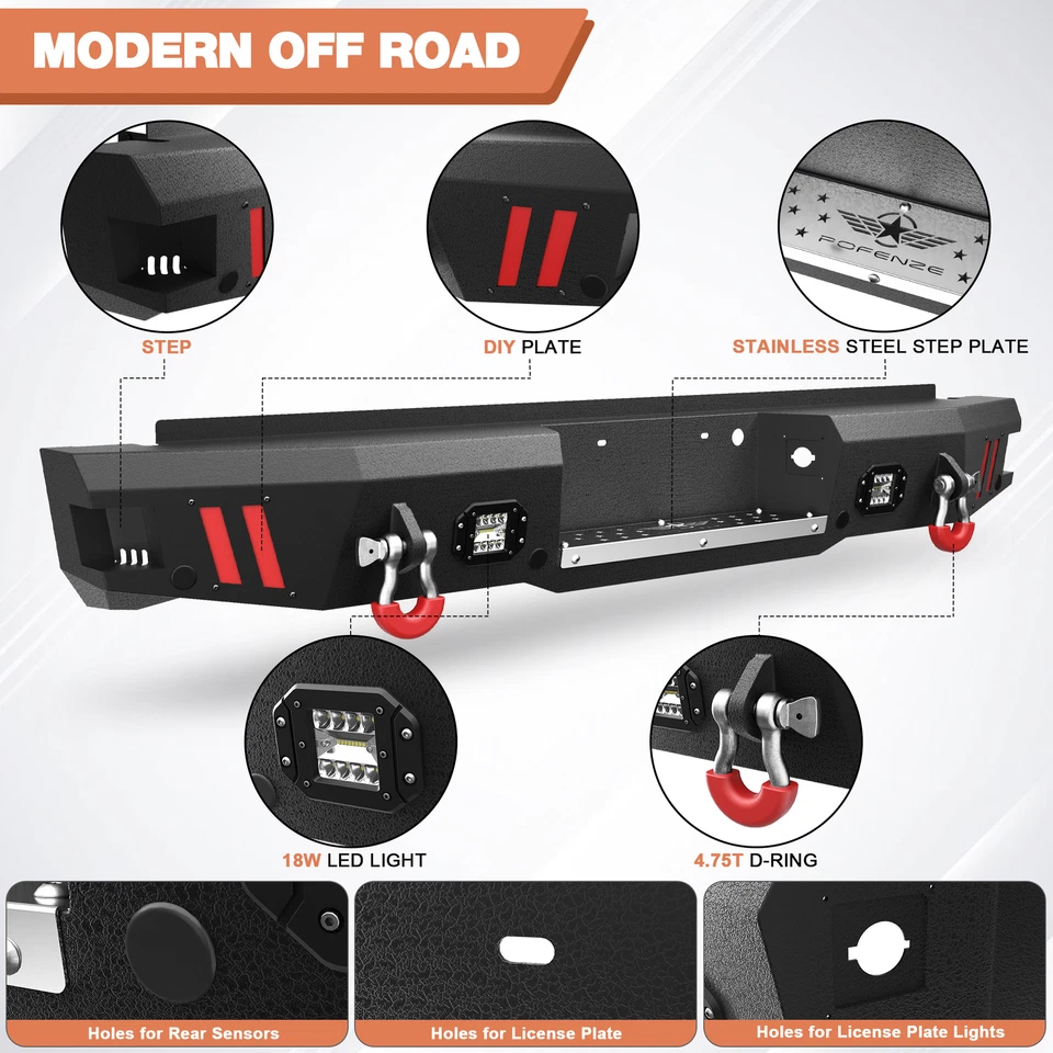 Parachoques trasero para Ford F250 F350 F450 Super Duty 1999-2016 con orificios de sensor + luz Foto 2 de 4