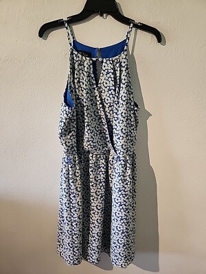BCX Womens Blue Flora Lined Sleeveless Halter Mini Fit + Flare Dress Juniors L 