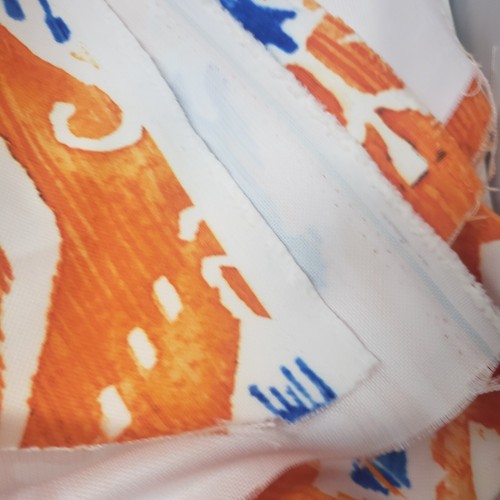 Turkish Ikat Upholstery Fabric Cotton 5 yds Orange Blue Ethnic Oriental Tulips - Picture 3 of 3