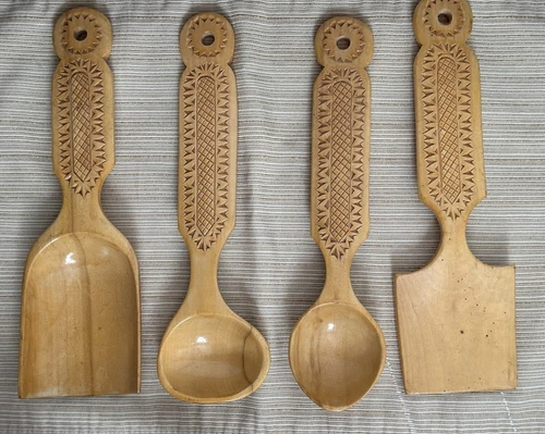 Vintage Hand Carved & Decorated Norwegian 10” Wooden Utensils Set Of 5