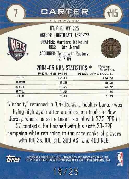 2005 06 Topps Prima Fila #7 Vince Carter SUPERFICIE CIOTTOLATA #18 25 New Jersey Reti