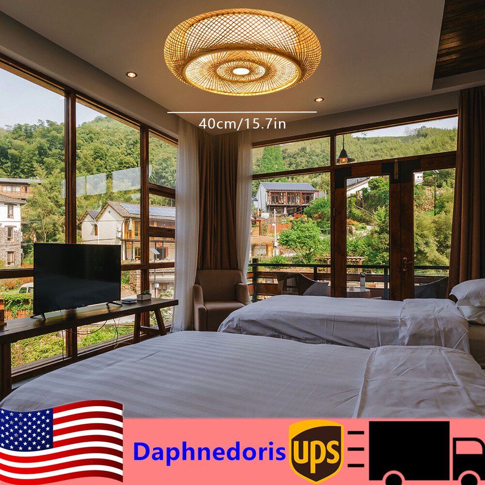 Rustic Bamboo Ceiling Light Art Pendant Lamp Drum Shape Wicker Rattan Fixture