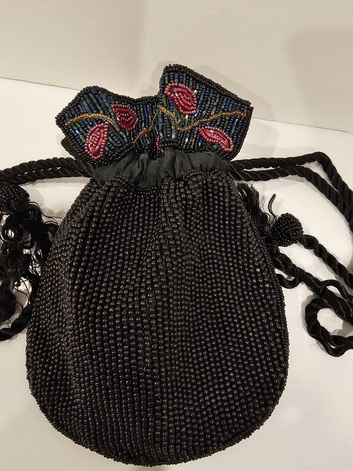 Vintage Andre Cellini Black Seed Beads Drawstring Evening Holiday Purse Reticule - Image 3 of 4