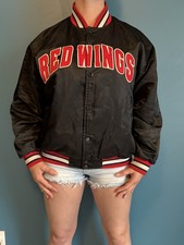 Vintage NHL Satin Bomber Jacket Puma Detroit Red Wings Size Medium Black