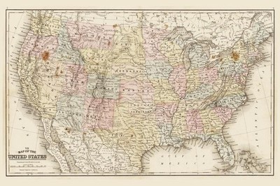 United States of America 1867 Antique Style Map Travel World Map with Cities in
